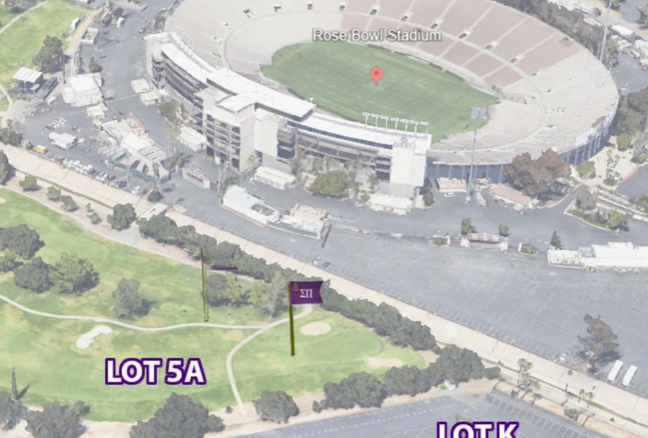 Aerial map showing Sigma Pi tailgate location in Rose Bowl Lot 5A