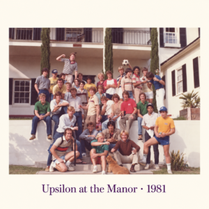 Upsilon Chapter members gathered outside the Manor in 1981