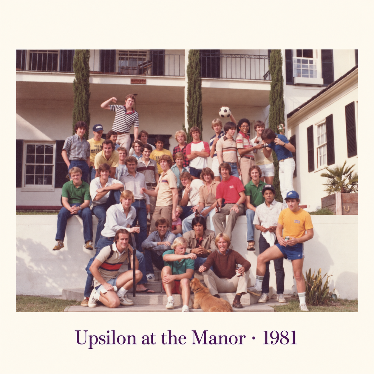 Upsilon Chapter members gathered outside the Manor in 1981